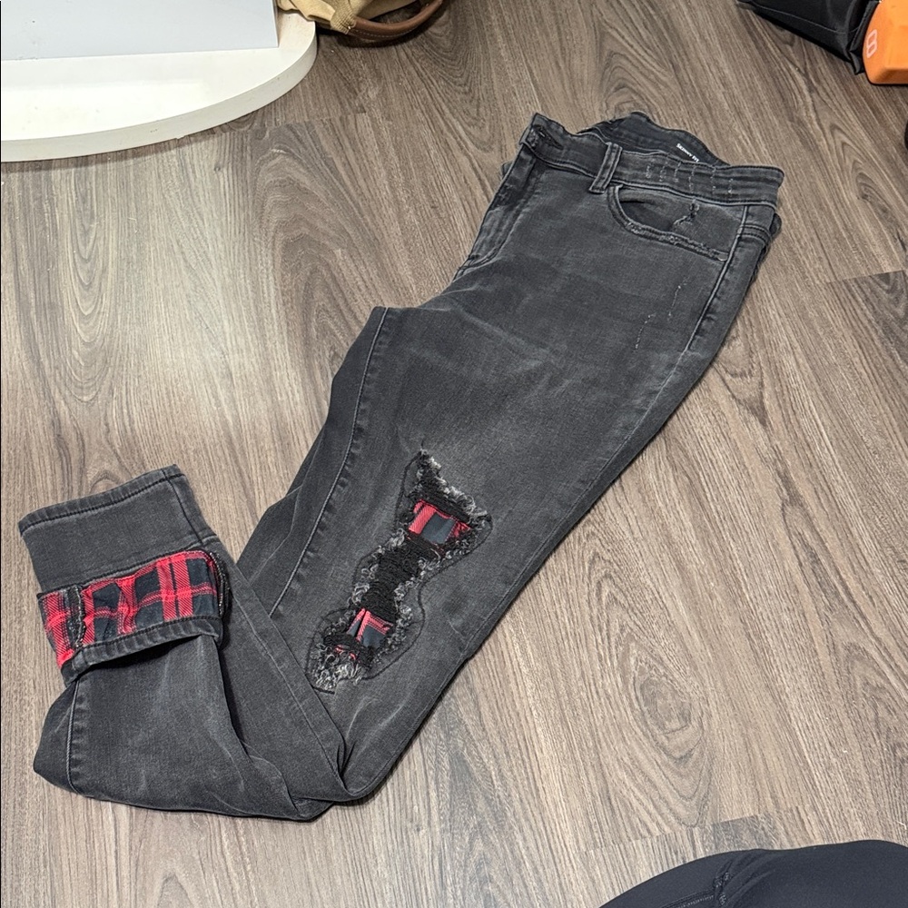 Judy Blue Black Distressed Jeans with Red Plaid Accents
